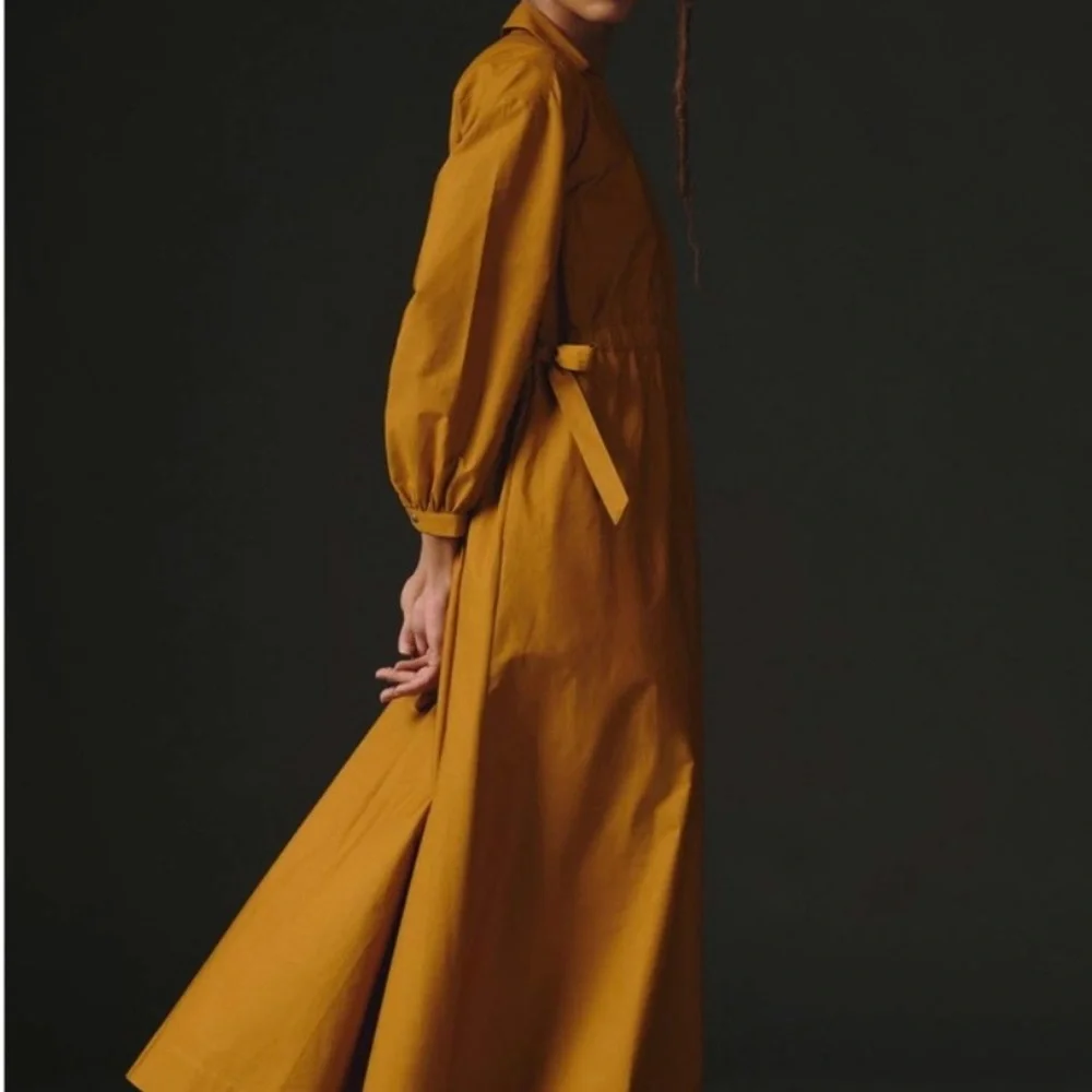 NEW Maeve Cinched Waist Cotton Maxi Shirt Dress Anthropologie Cedar, Medium, NWT - Picture 2 of 15